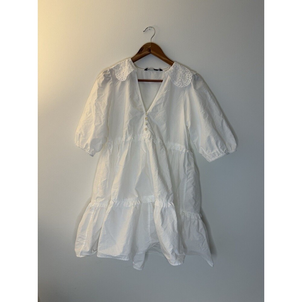 ✿ ZARA White Cotton Babydoll Dress Eyelet Collar Puff Sleeve XS